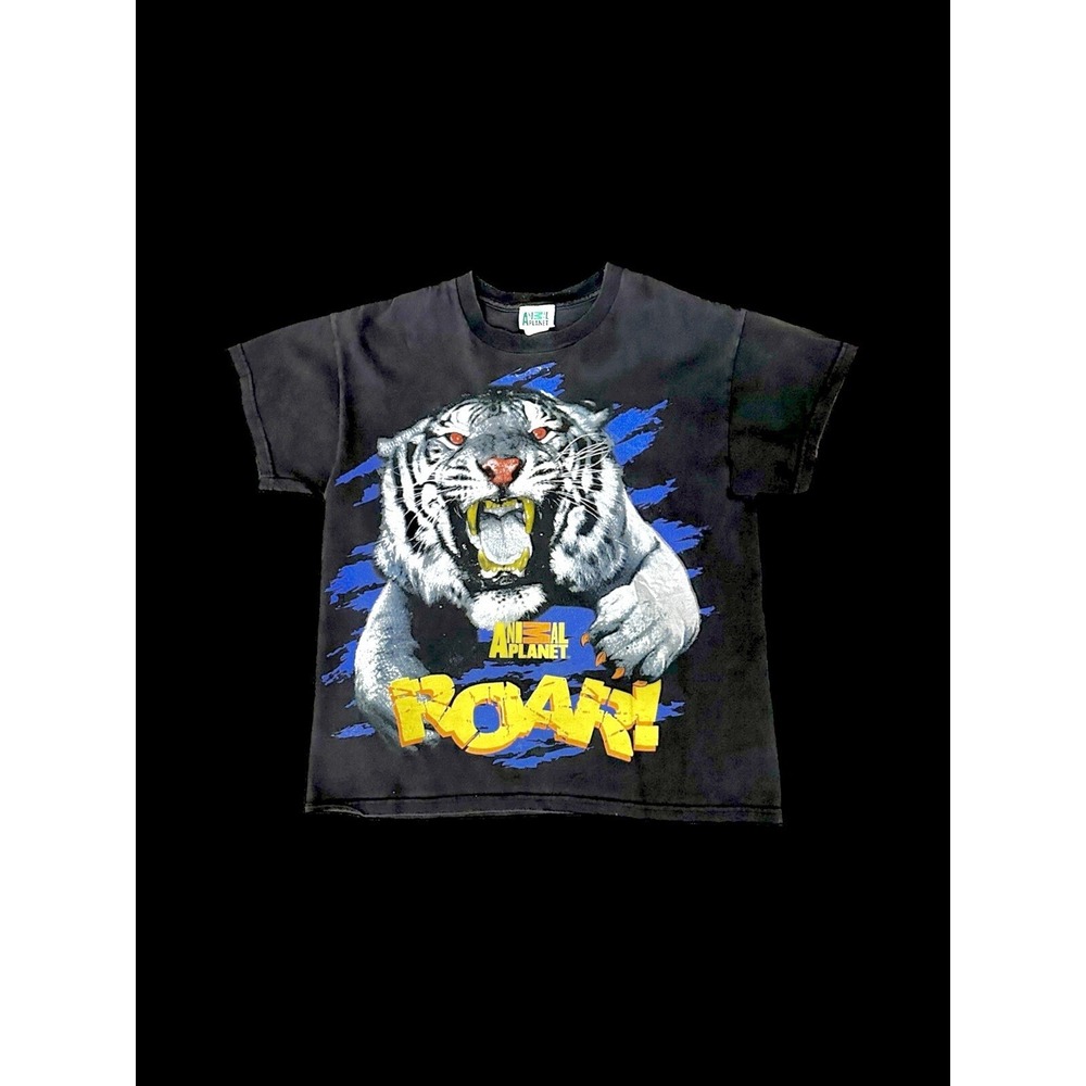 Vintage Animal Planet White Tiger Tshirt Roar Women's Small Youth 14-16 Black